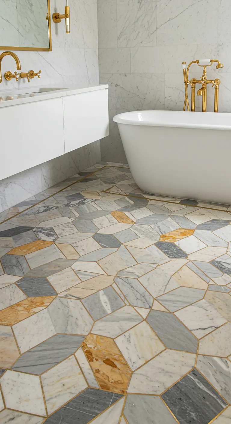 Badkamervloer met geometrisch patroon van diverse marmersoorten en messing strips.