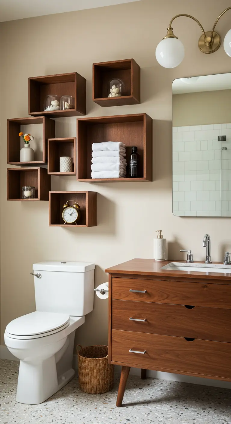 Compositie van houten kubusvormige wandplanken met decoratie boven een toilet.