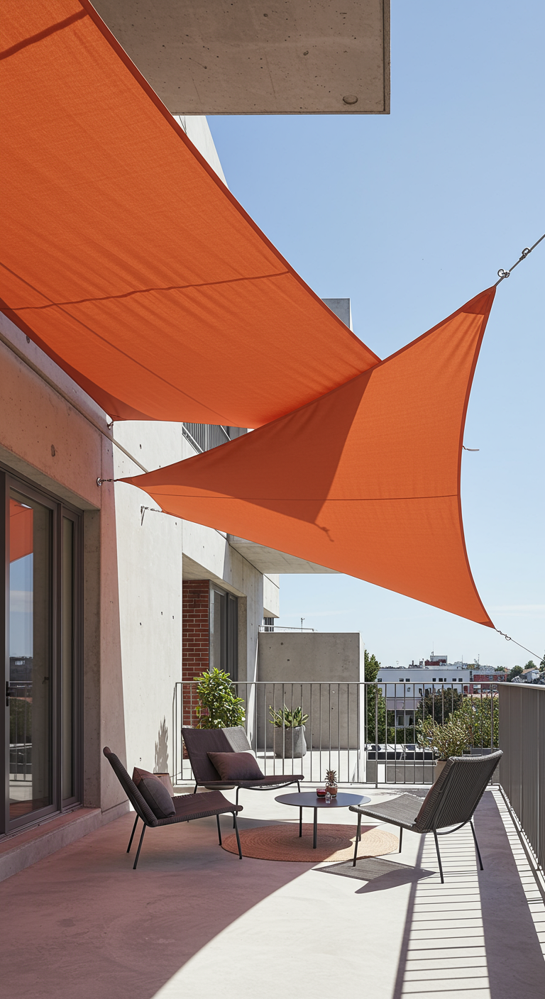 Modern balkon met een groot oranje driehoekig schaduwdoek en strakke loungestoelen.