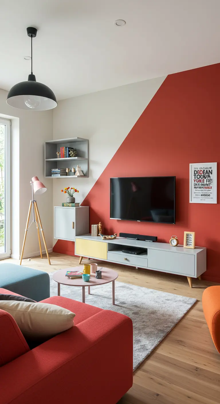 TV-hoek met diagonaal geverfde muur in terracotta en wit, en kleurrijk meubel.