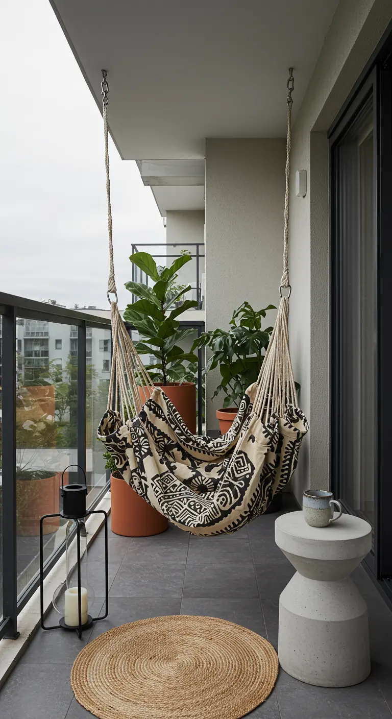 Moderne hangmat-stoel met grafisch patroon op balkon, met jute kleed en betonnen bijzettafel.