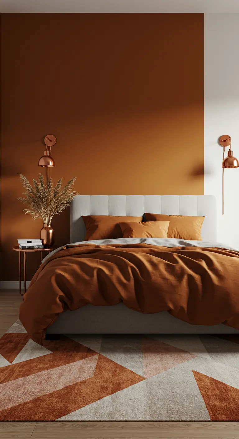 Slaapkamer met kleurblokmuur, geometrisch vloerkleed, koperen lampen en pampasgras.