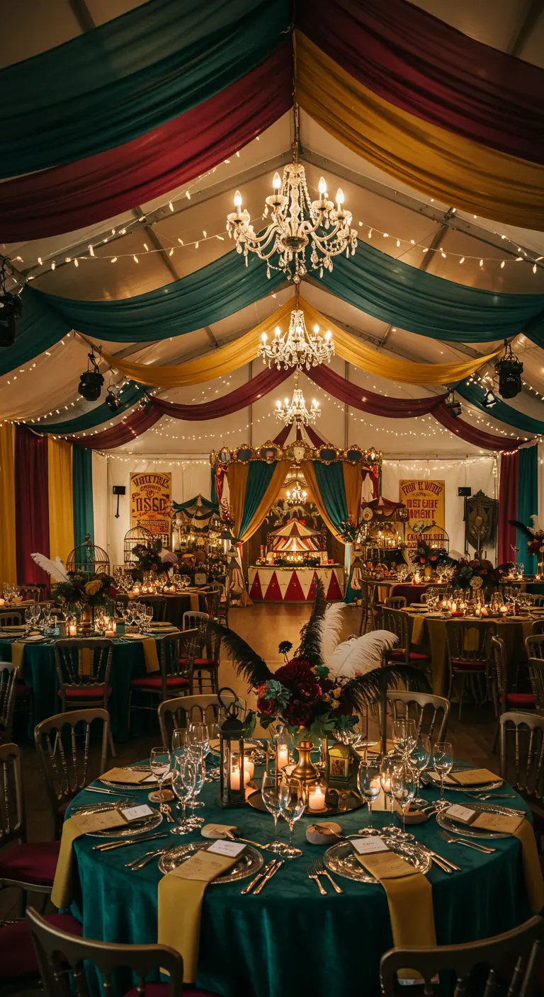 Bruiloftsreceptie in circustentstijl met kleurrijke draperieën en kroonluchters.