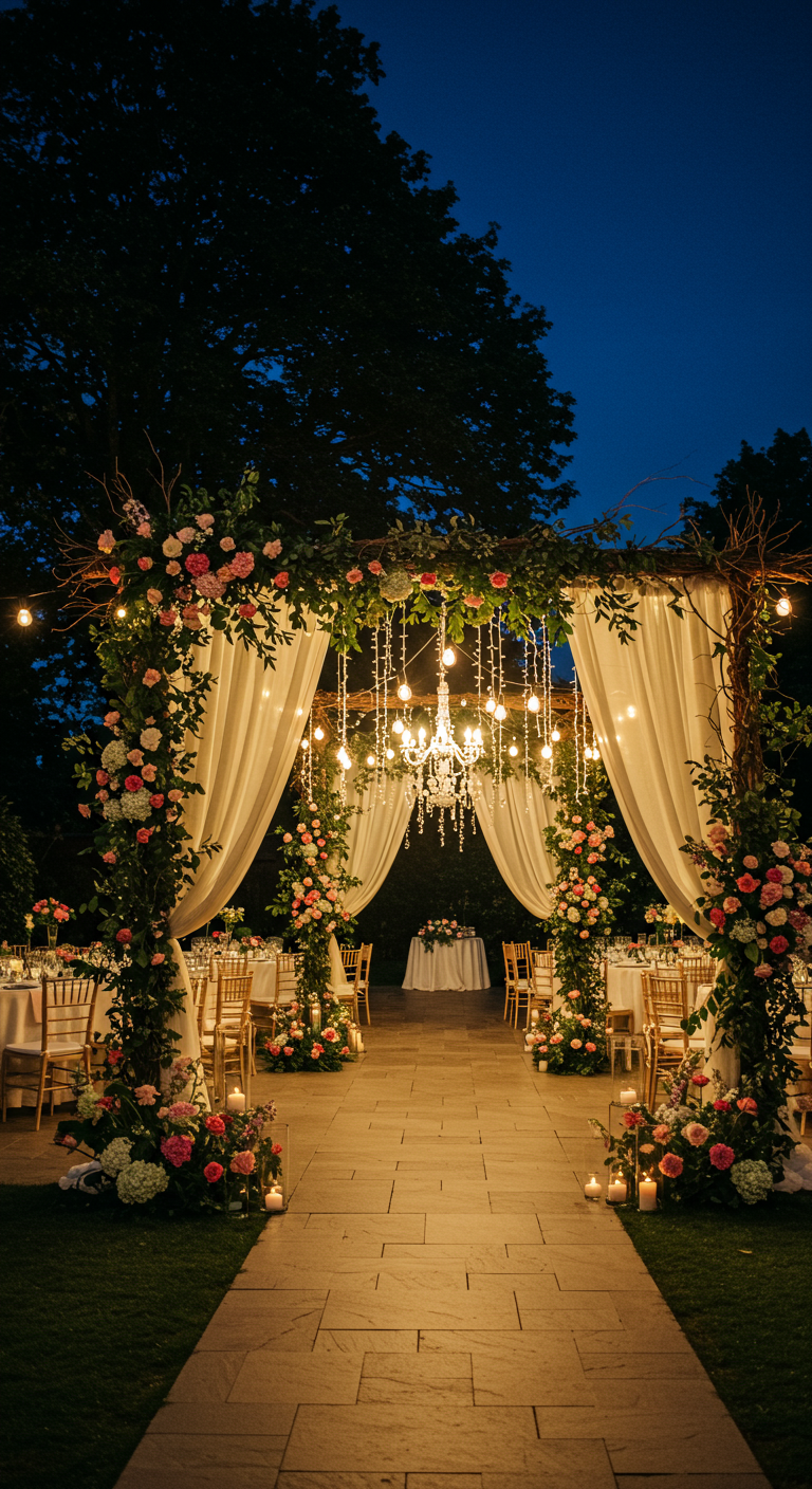 Dramatische entreeboog met bloemen, kroonluchter en witte doeken.