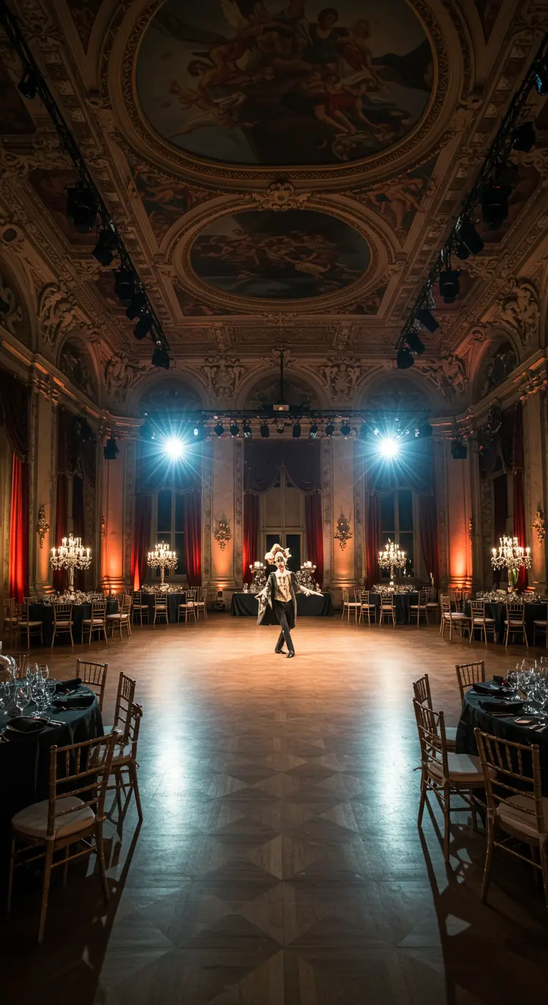Grote balzaal met gedekte tafels en een persoon in kostuum in het midden, aangelicht door spotlights.