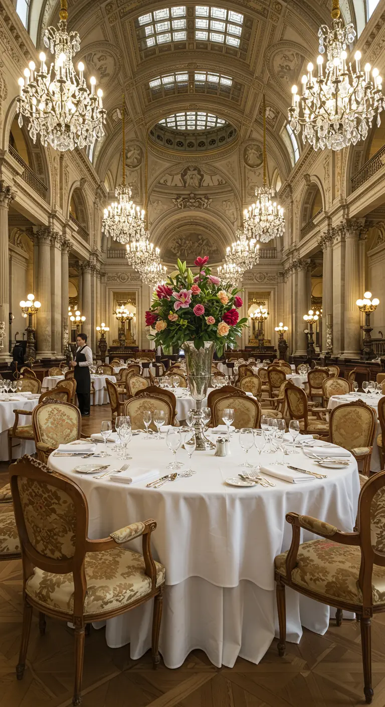Elegante balzaal met ronde, wit gedekte tafels en grote bloemstukken.