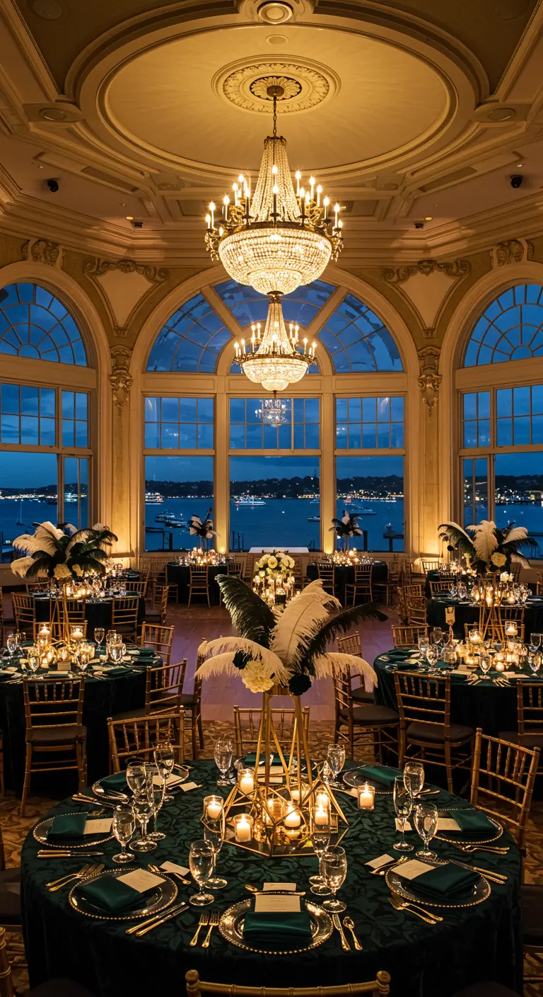 Elegante ballroom receptie met Art Deco invloeden en uitzicht op water bij nacht.