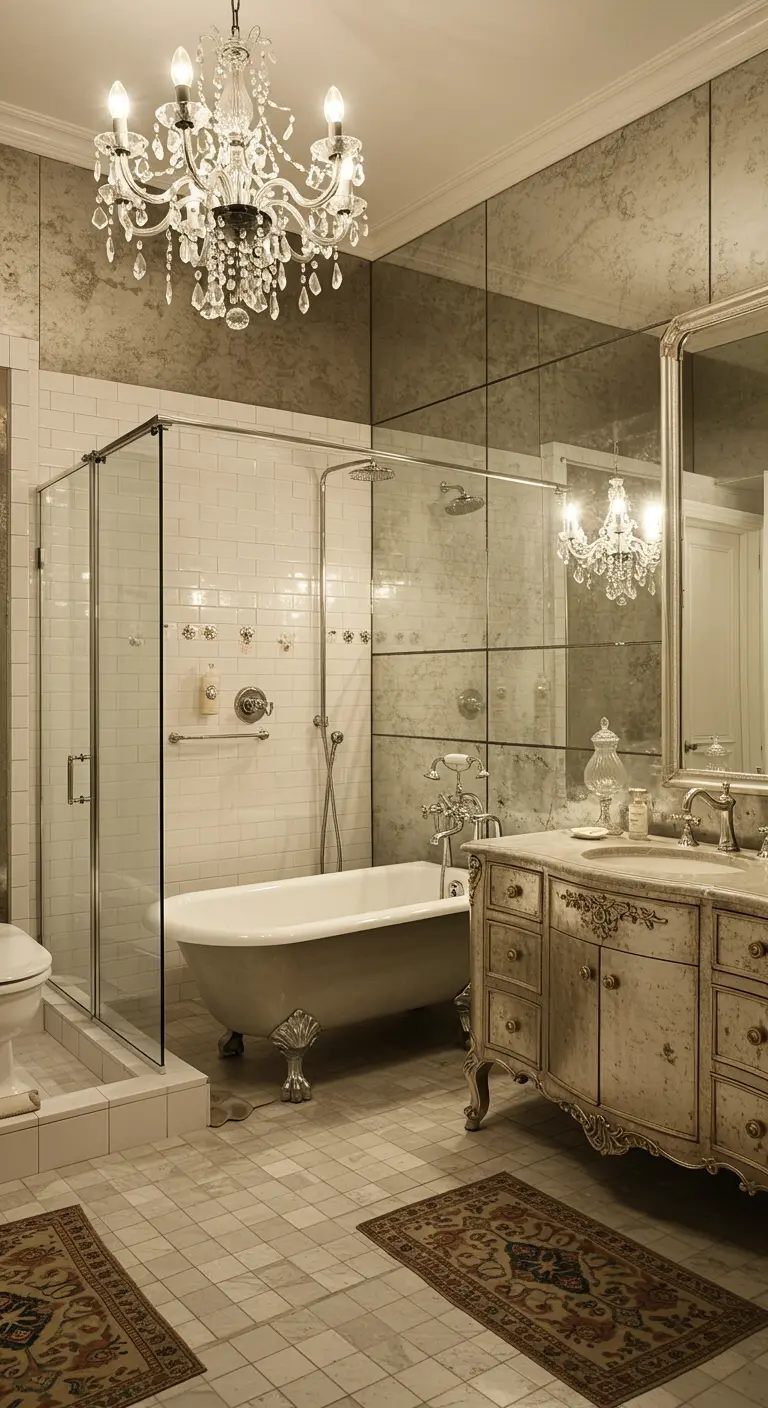 Luxe badkamer met inloopdouche, vrijstaand bad, kroonluchter en antiek spiegelglas.