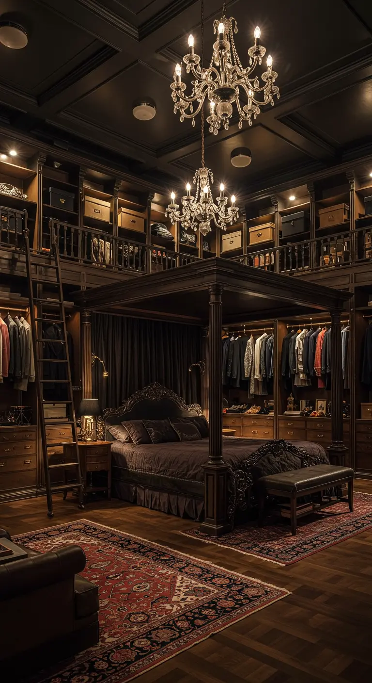 Donkere, luxueuze slaapkamer met hoge open kasten, bibliotheekladder en hemelbed.