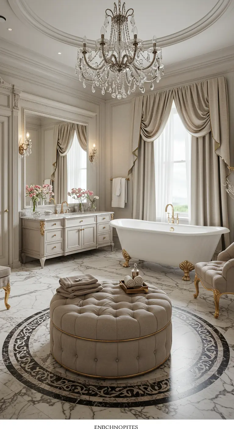 Luxe badkamer met een grote ronde gestoffeerde ottomaan met opbergruimte in het midden.