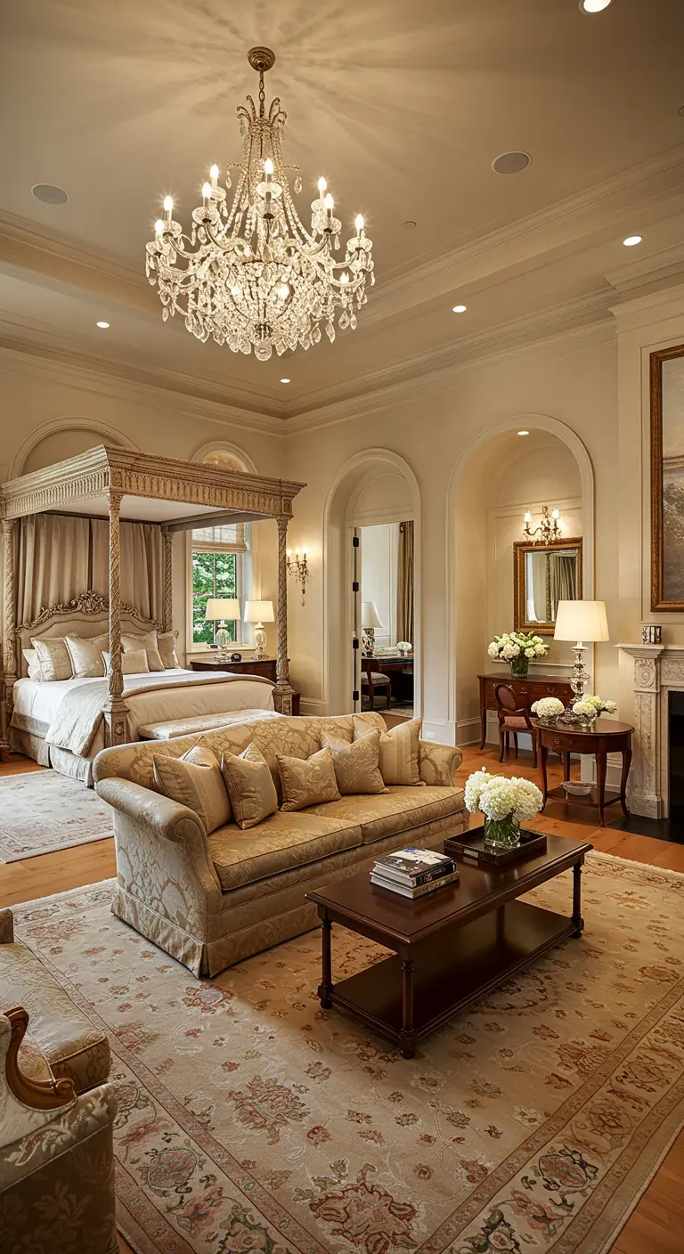Zeer ruime, klassieke slaapkamer met een grote kristallen kroonluchter en elegante tafellampen.