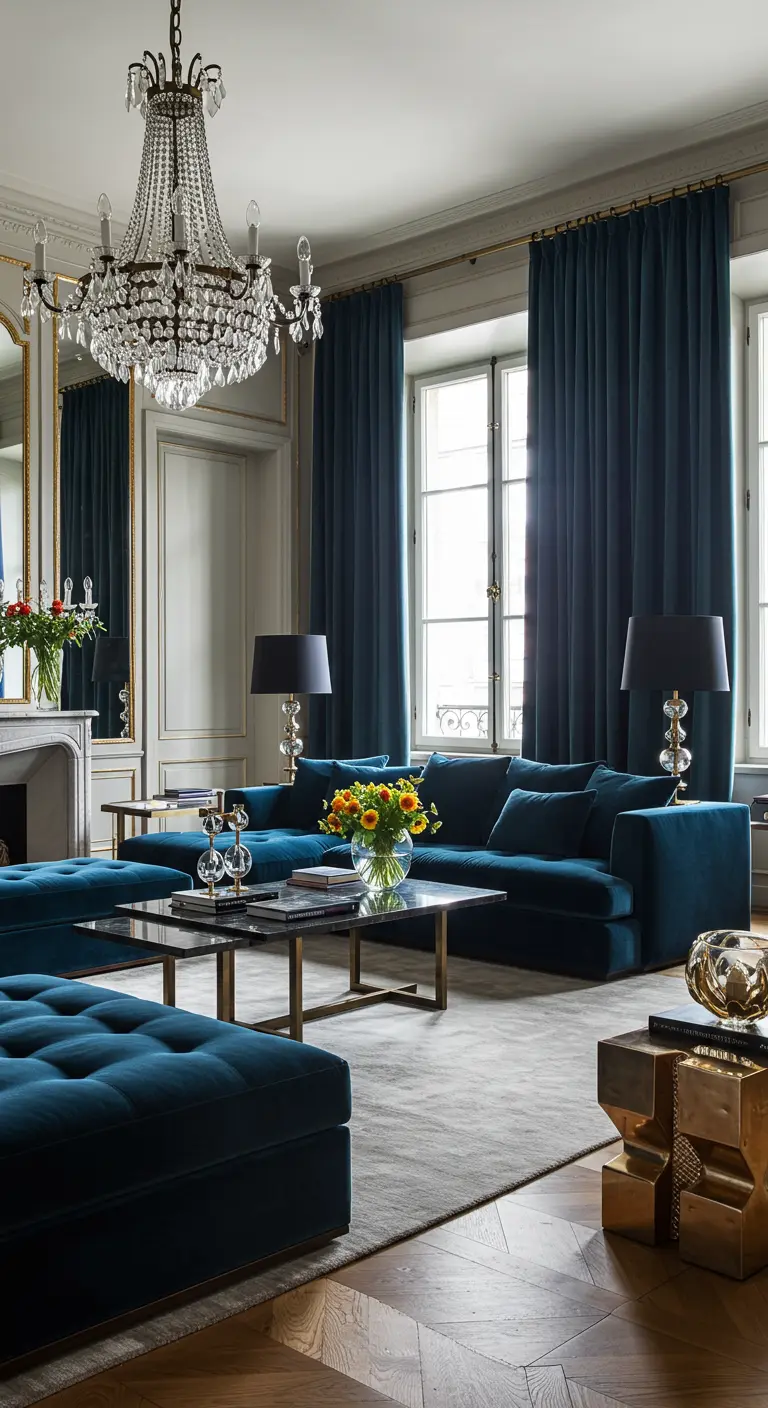 Luxueuze woonkamer met donkerblauwe fluwelen bank, kristallen kroonluchter en gouden accenten.