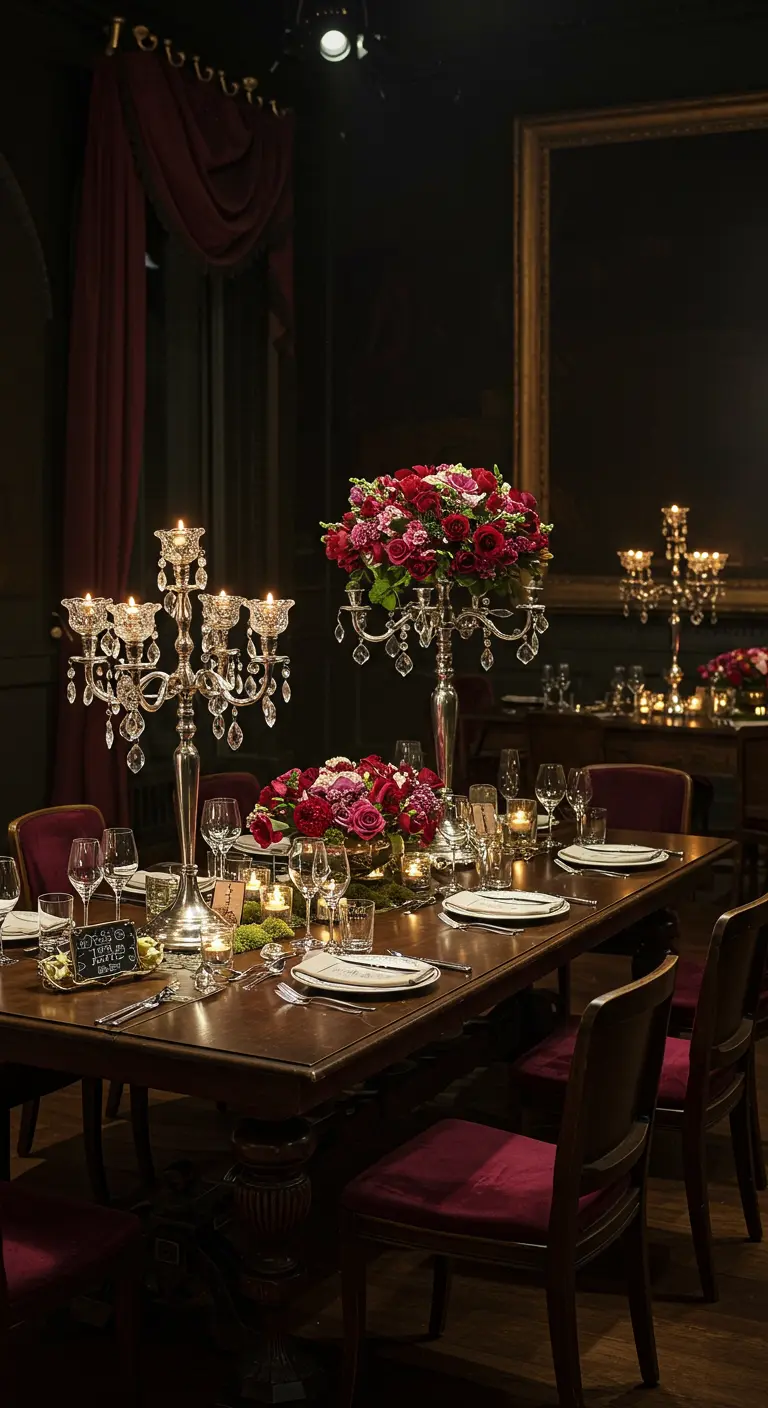 Elegant gedekte dinertafel met hoge kandelaars, rode rozen en fluwelen stoelen in een donkere setting.