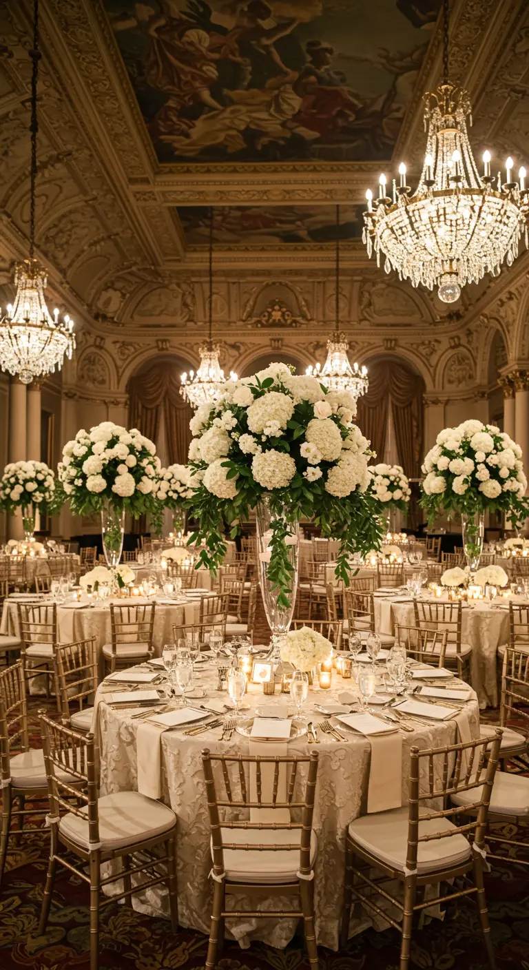 Elegante balzaal met ronde tafels, hoge witte bloemstukken en gouden stoelen.