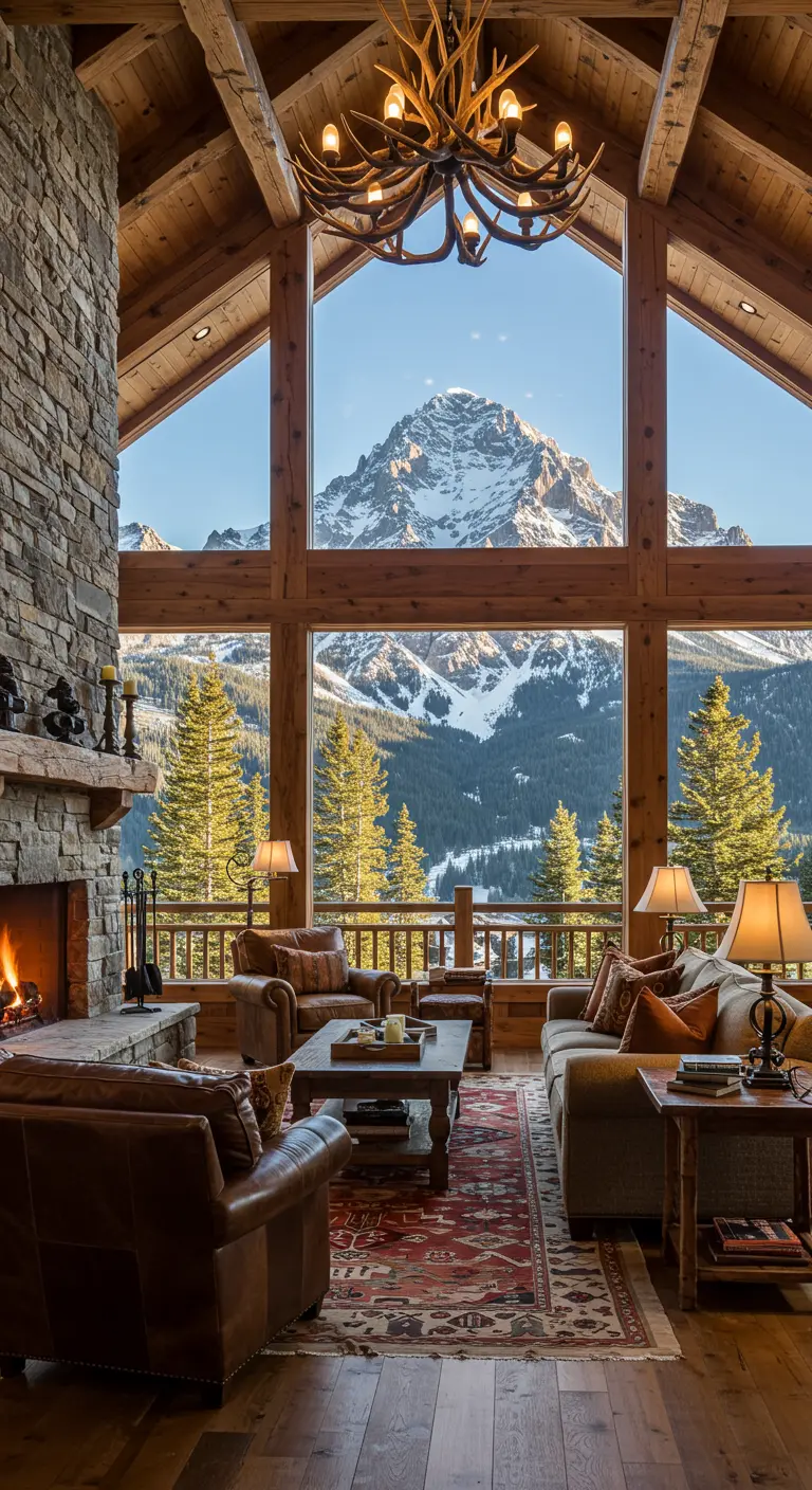 Luxe chalet woonkamer met hoge plafonds, stenen haard en uitzicht op besneeuwde bergen.