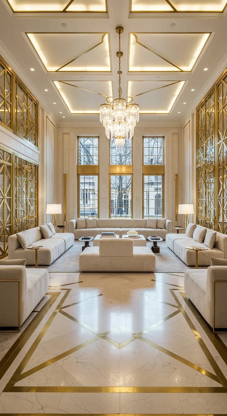 Grote Art Deco woonkamer met gouden wandpanelen, marmeren vloer en kristallen kroonluchter.