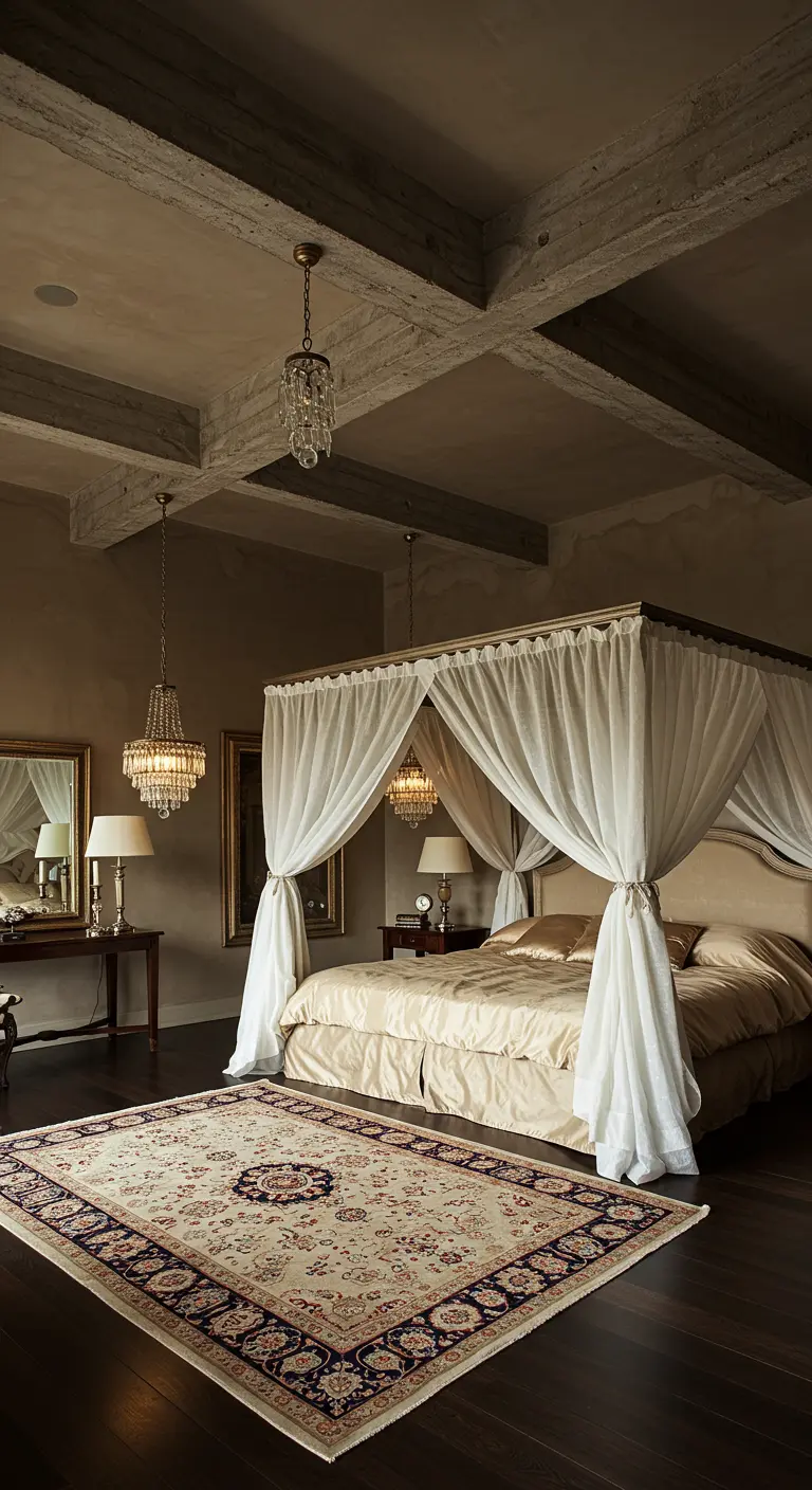 Luxe slaapkamer met betonnen balkenplafond, hemelbed en kroonluchters.