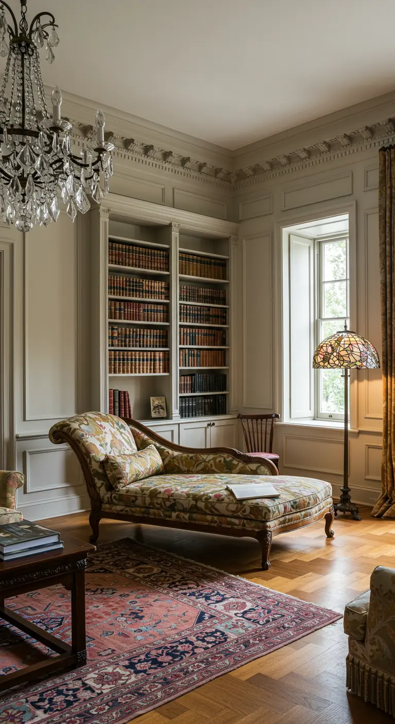 Klassieke leeskamer met gebloemde chaise longue, kroonluchter, hoge boekenkasten en Tiffany lamp.