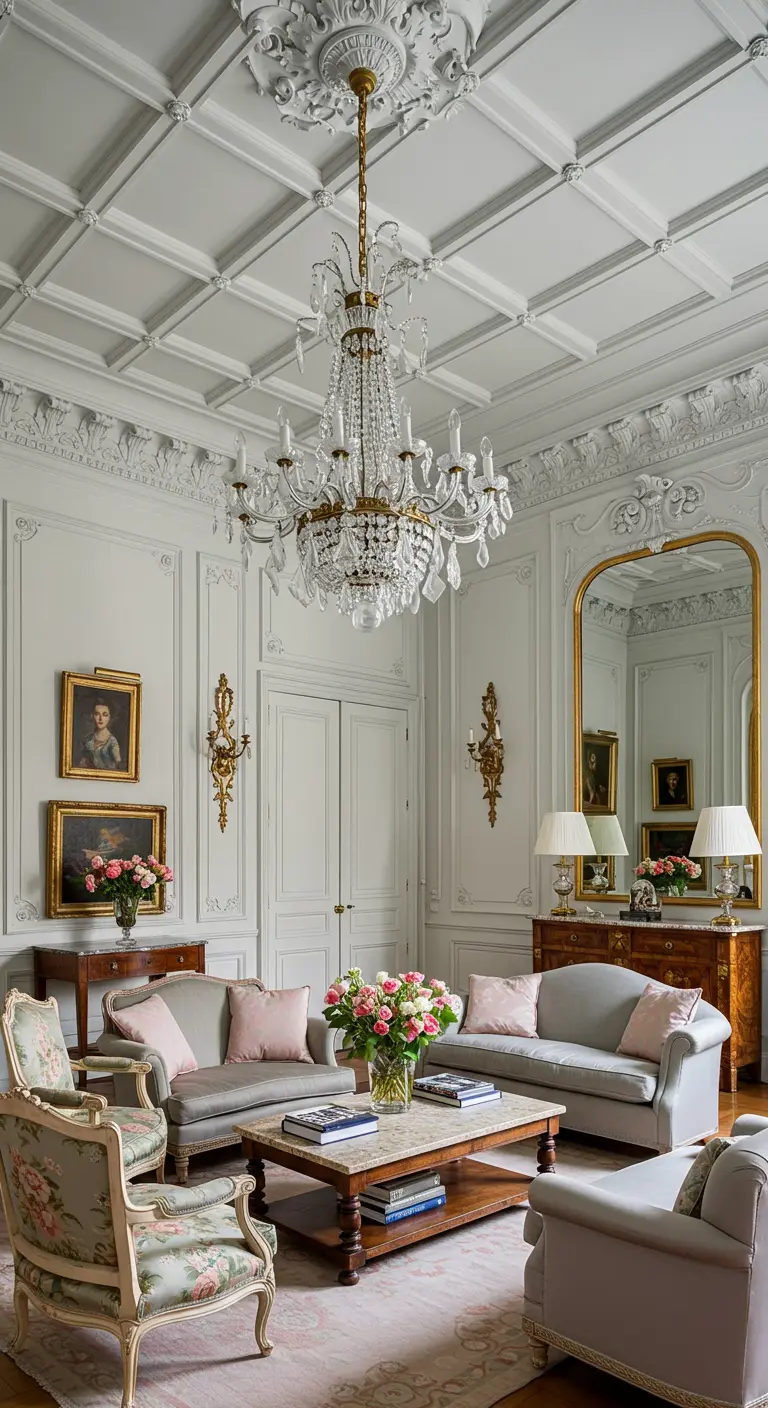 Elegante woonkamer met wit plafond voorzien van sierlijsten en grote kristallen kroonluchter.