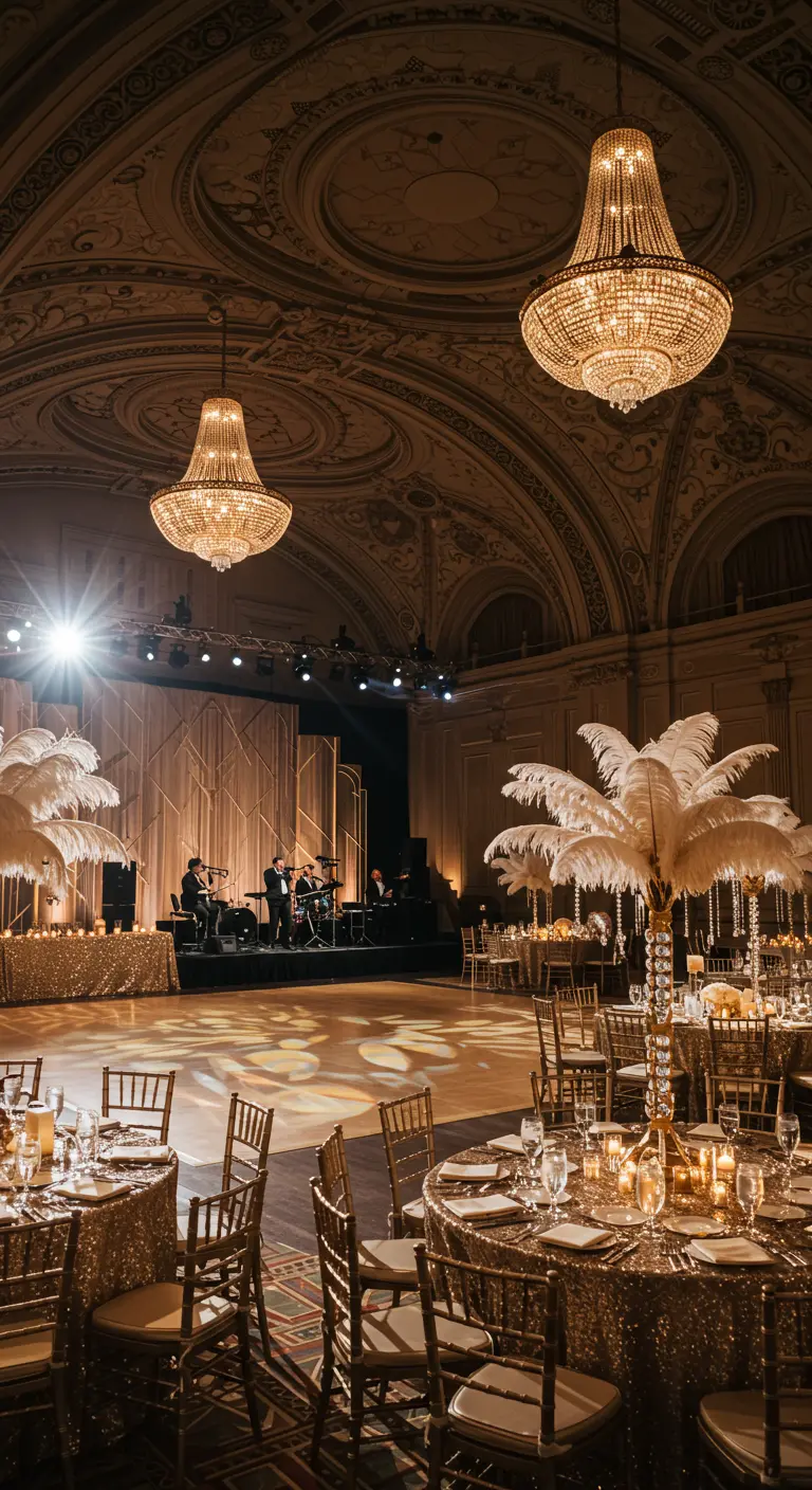 Luxe balzaal bruiloft met kroonluchters, gouden decoratie en een podium.