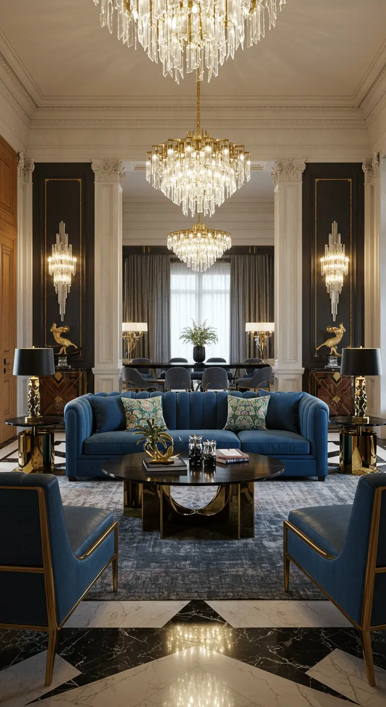Luxe klassieke woonkamer met blauwe bank, gouden details en meerdere kroonluchters.