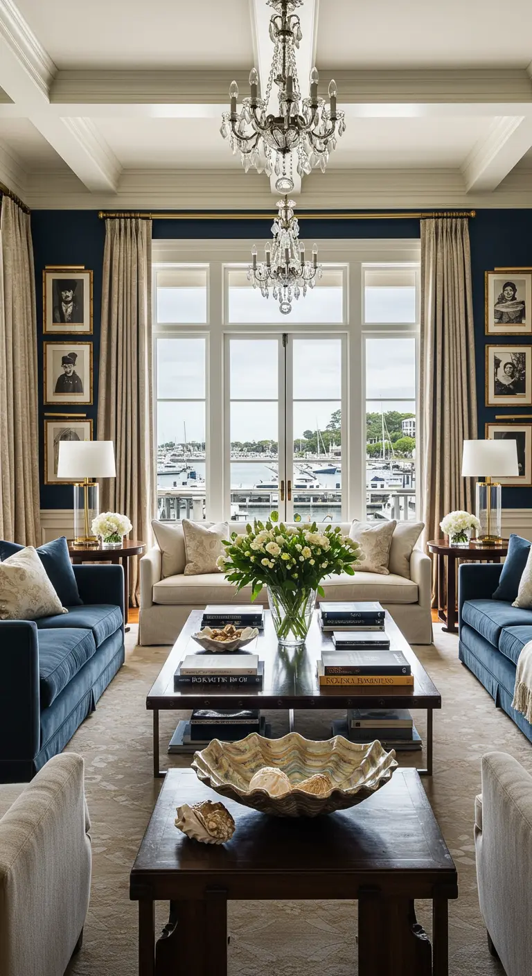 Grote, luxe woonkamer met blauwe banken, kroonluchters en uitzicht op de haven.