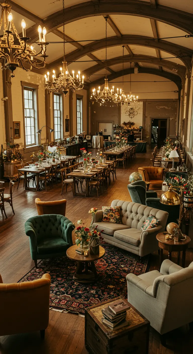Grote zaal met kroonluchters, vintage loungehoeken en klassieke tafelschikking.