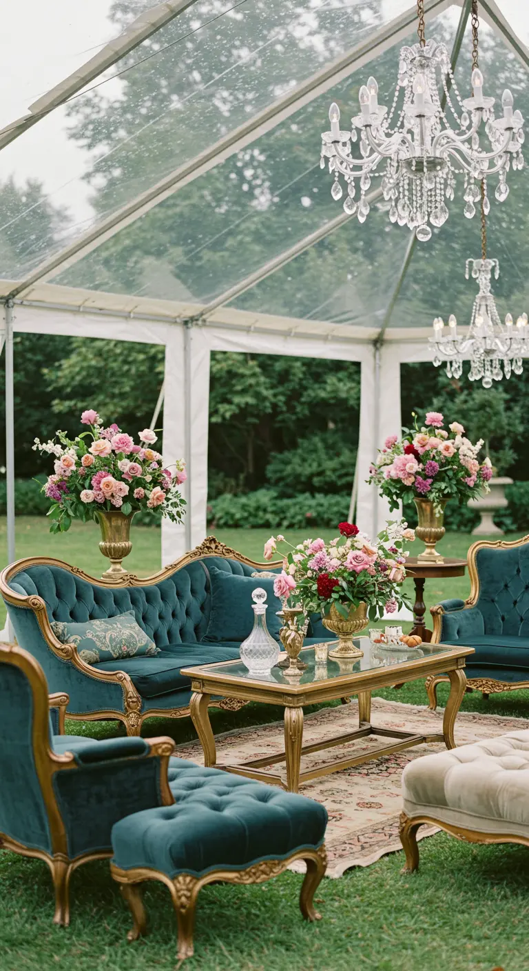 Elegante lounge in transparante tent met blauwe fluwelen banken en kroonluchters.