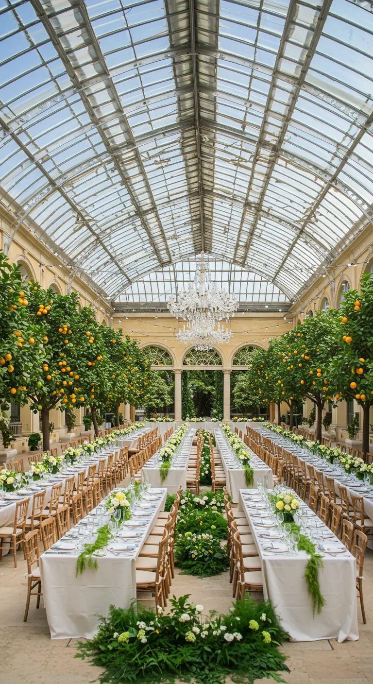 Bruiloftsdiner in glazen oranjerie met lange tafels en citrusbomen