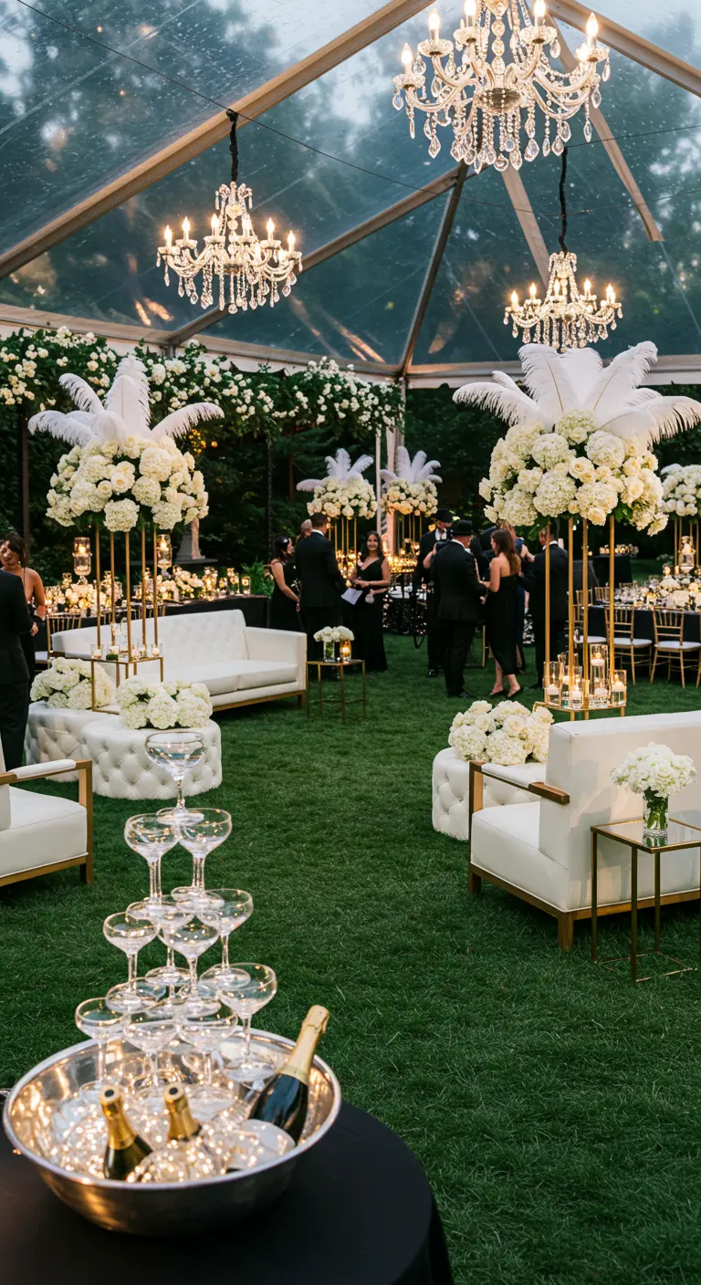 Luxe buitendiner onder transparante tent met kroonluchters en witte lounge.