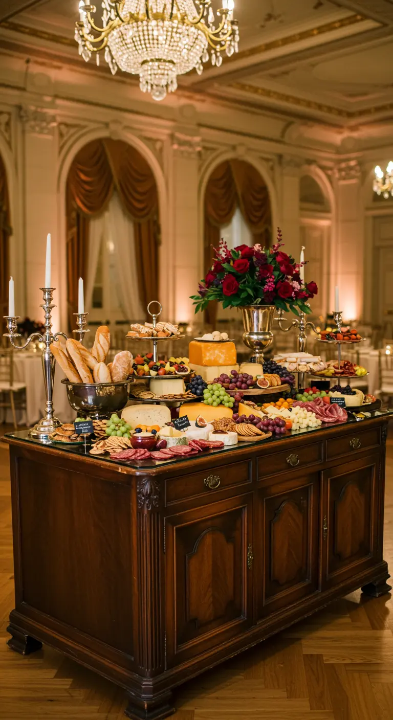 Antiek houten dressoir beladen met kazen, charcuterie, fruit en bloemen in een chique zaal.