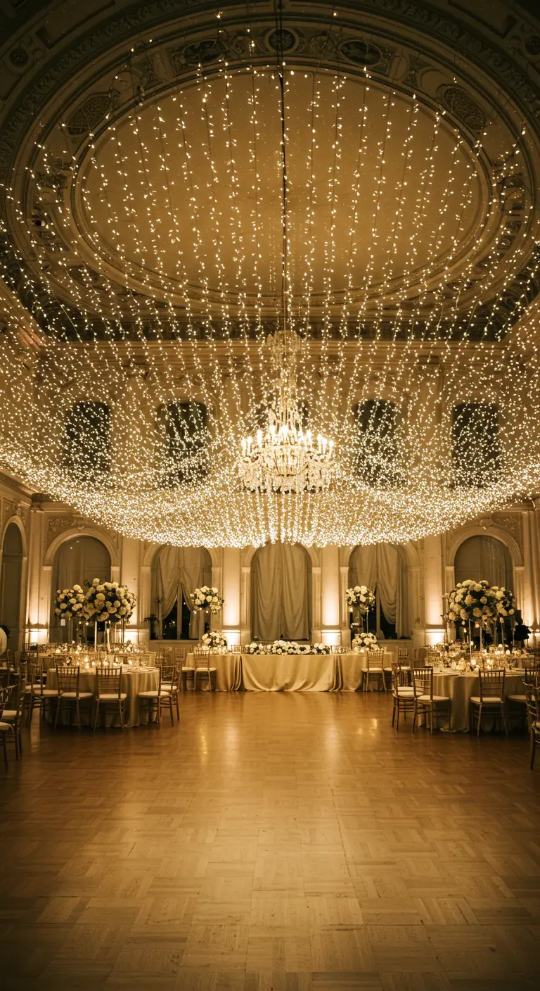 Elegante balzaal met duizenden lichtjes aan het plafond als een sterrenhemel.