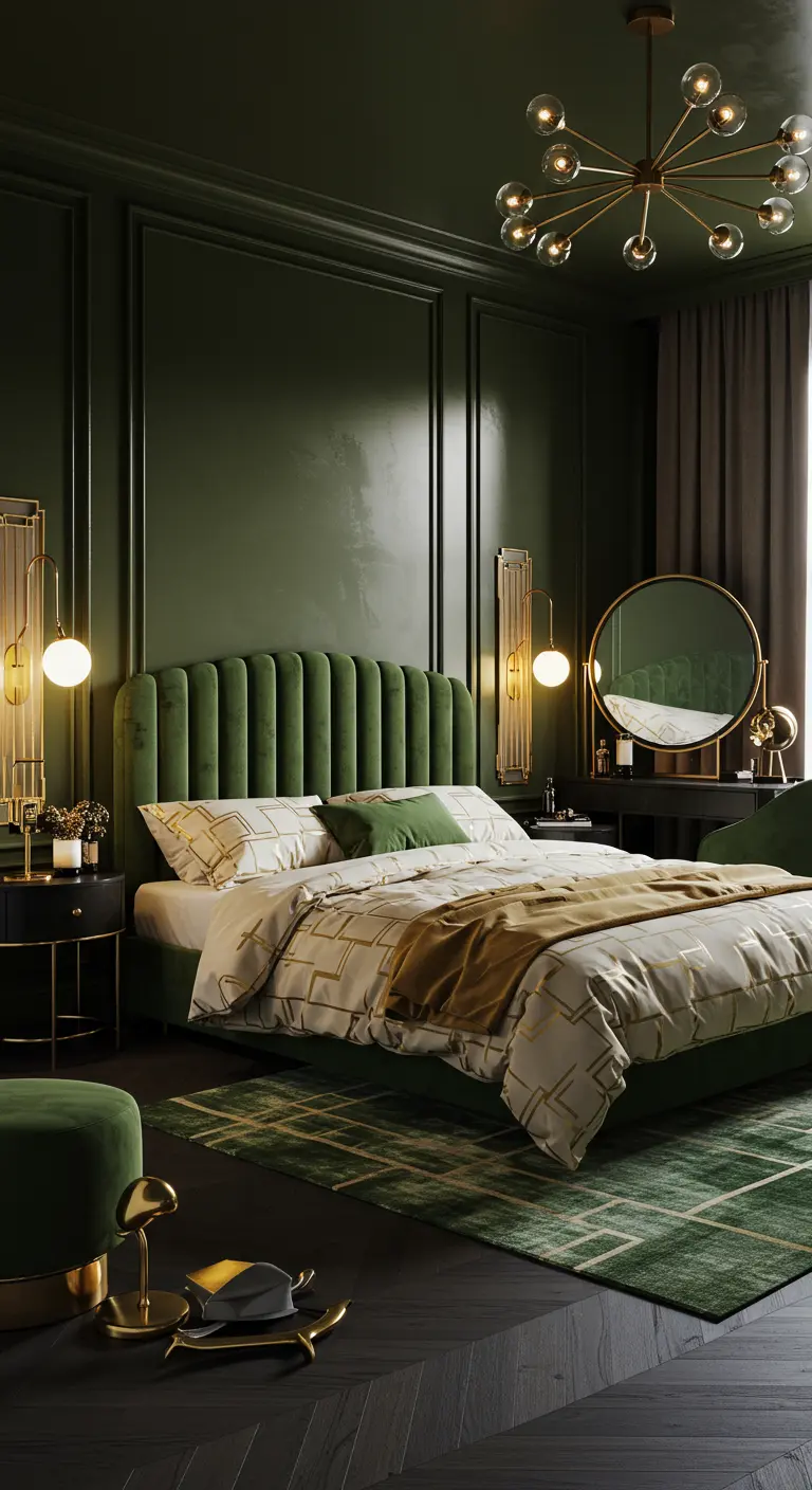 Luxe slaapkamer, donkergroene muren, fluwelen hoofdbord, gouden kroonluchter, wandpanelen.
