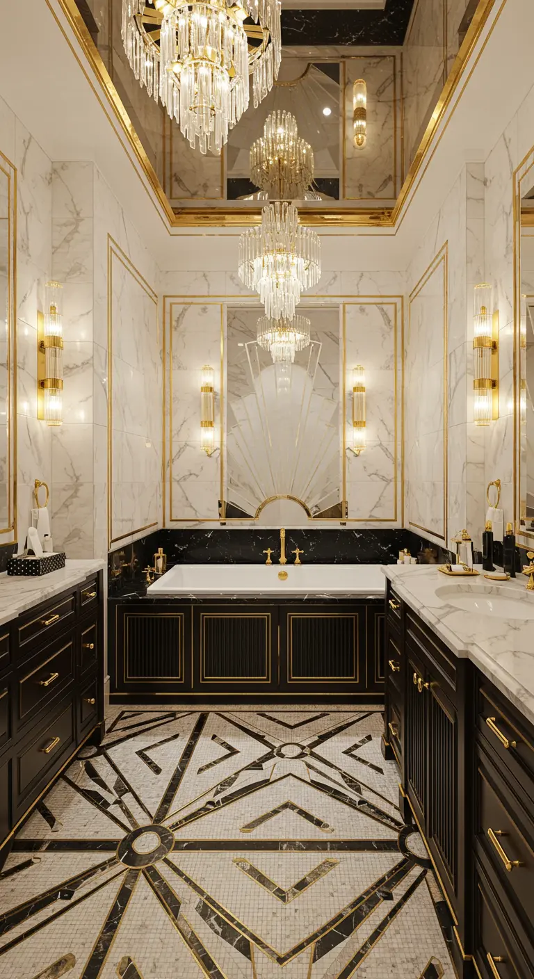Zeer luxe Art-Deco badkamer met marmer, gouden geometrische vloer en kroonluchters.