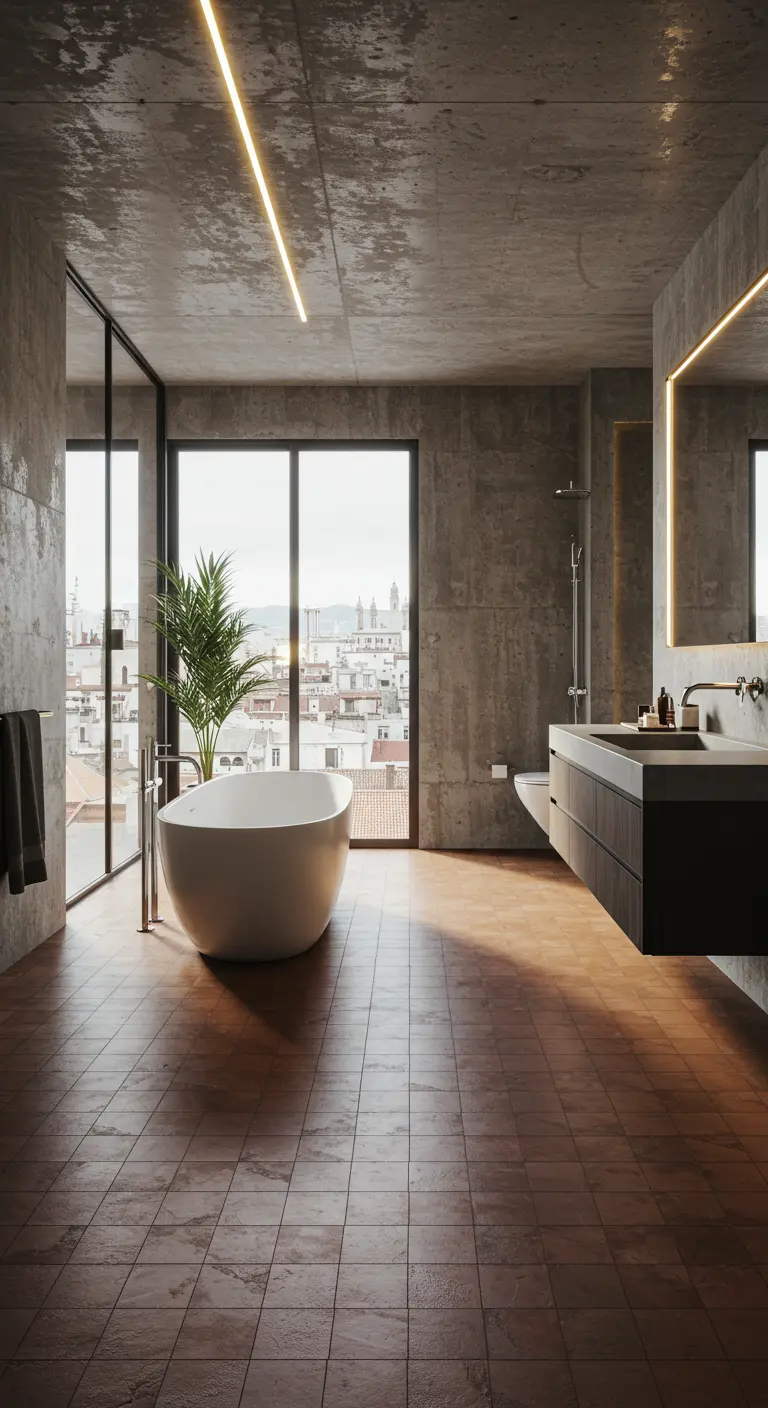 Badkamer met donkere terracotta vloertegels, betonnen muren, groot raam, vrijstaand bad.