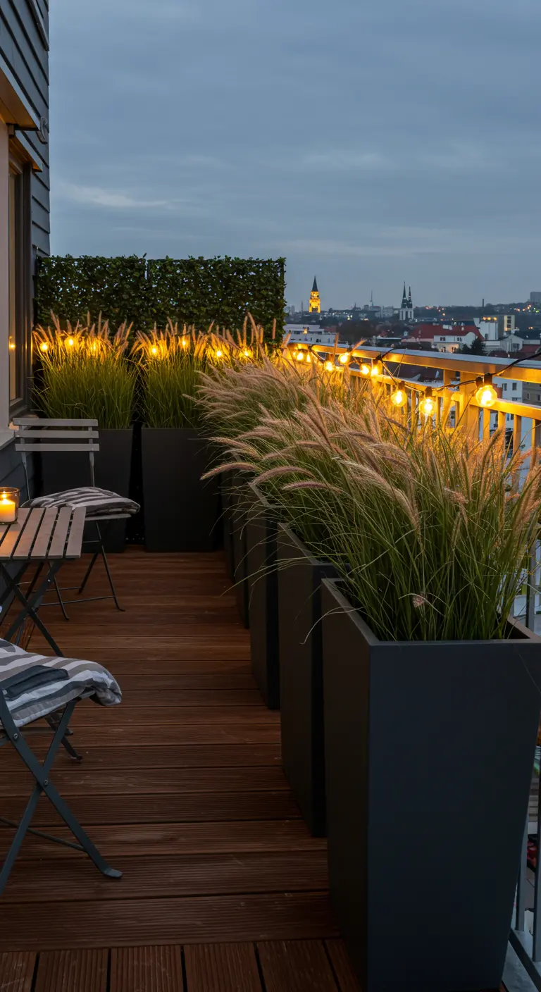 Balkon met hoge plantenbakken vol siergrassen en lichtslingers bij schemering.