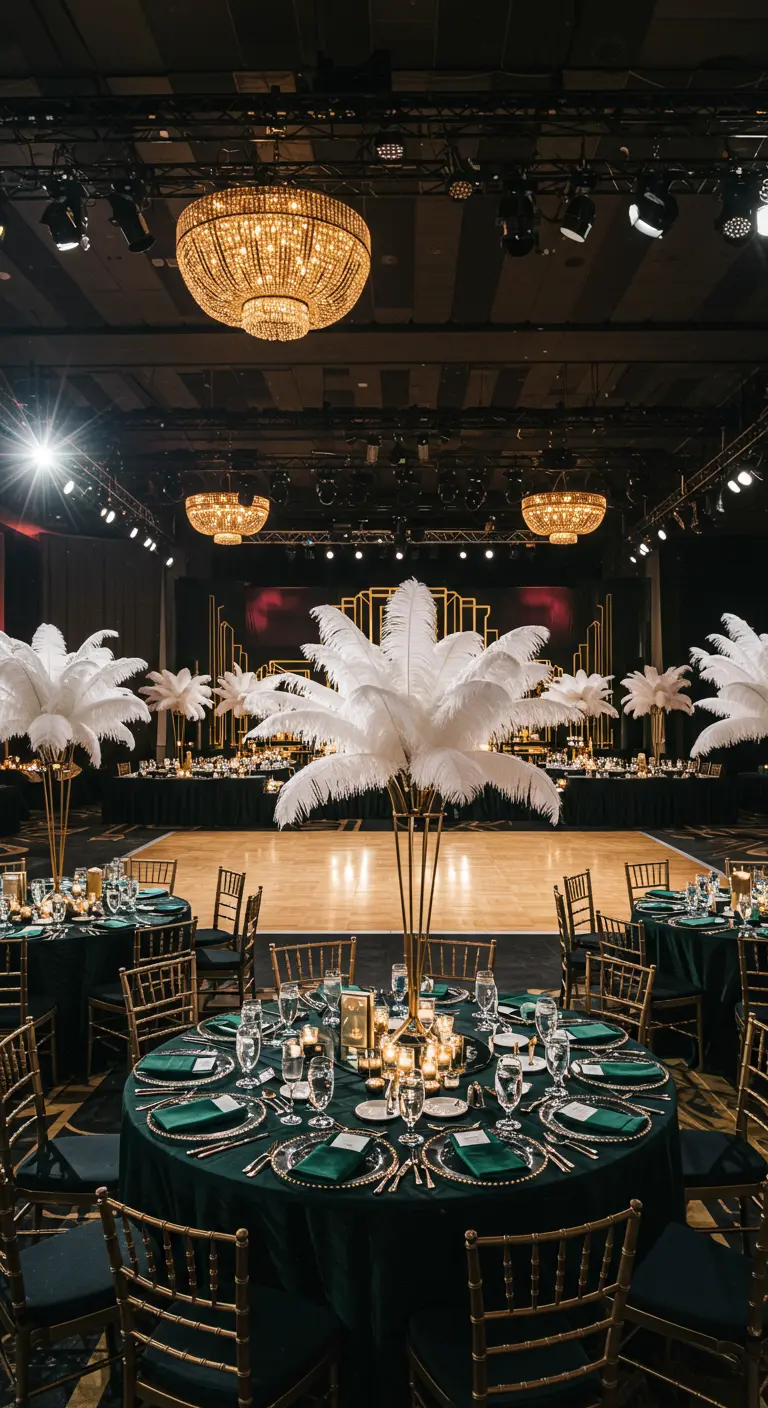 Luxe bruiloft met ronde tafels, donkergroen, goud en grote witte veren centerpieces.