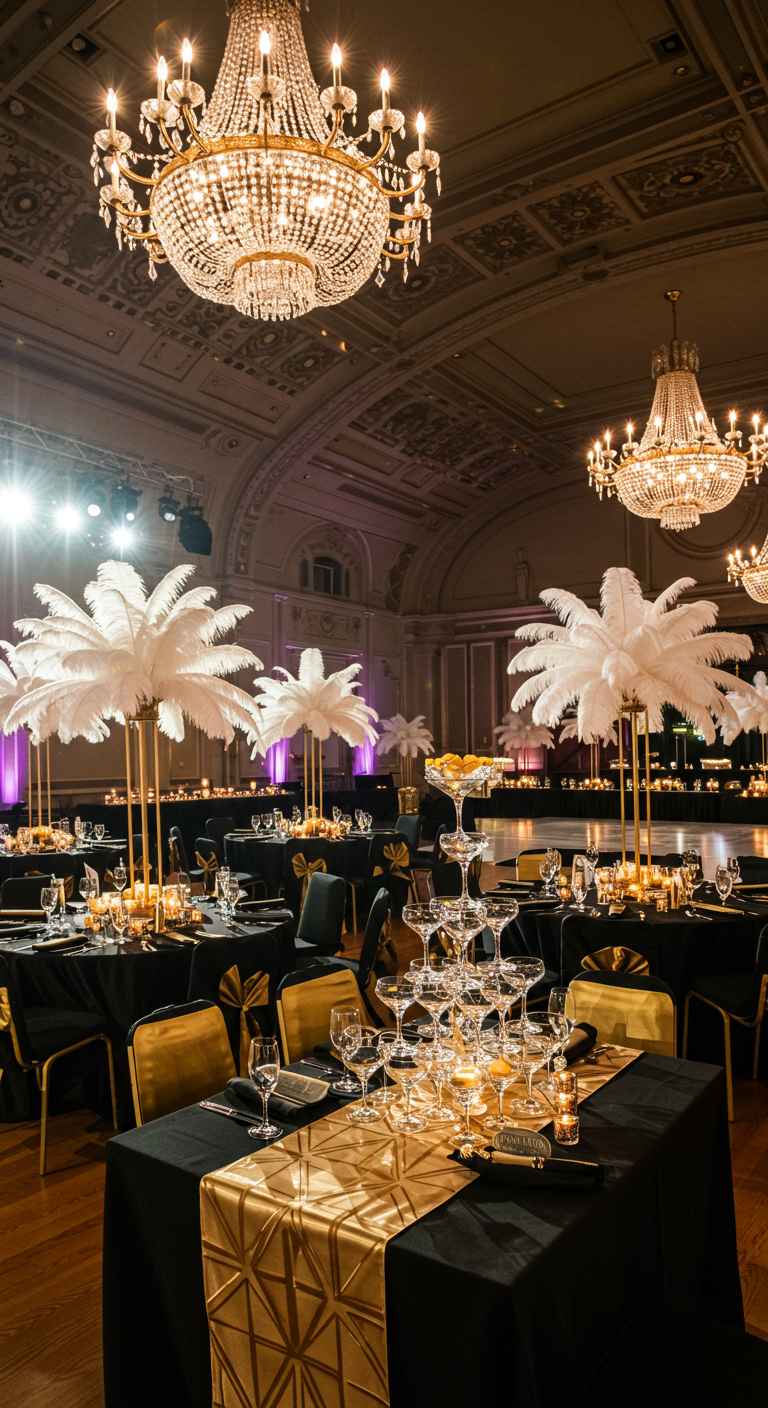 Glamoureuze feestzaal met zwarte en gouden decoratie, veren en champagnetoren.