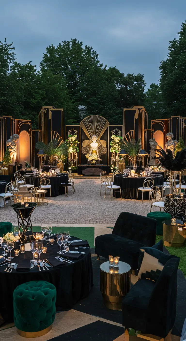 Art Deco tuinfeest met zwarte en gouden decoraties, geometrische vormen en fluweel.