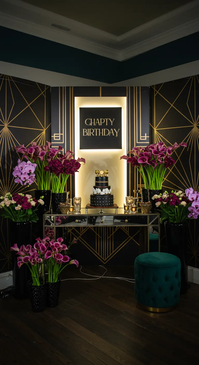 Art Deco verjaardagshoek met zwart-gouden achtergrond, paarse calla's en verlicht paneel.