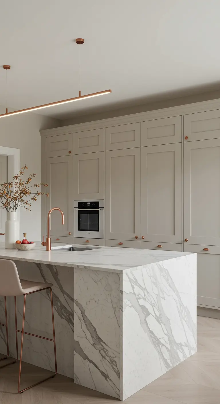 Lichtgrijze/beige moderne keuken met marmeren eiland en koperen accenten.