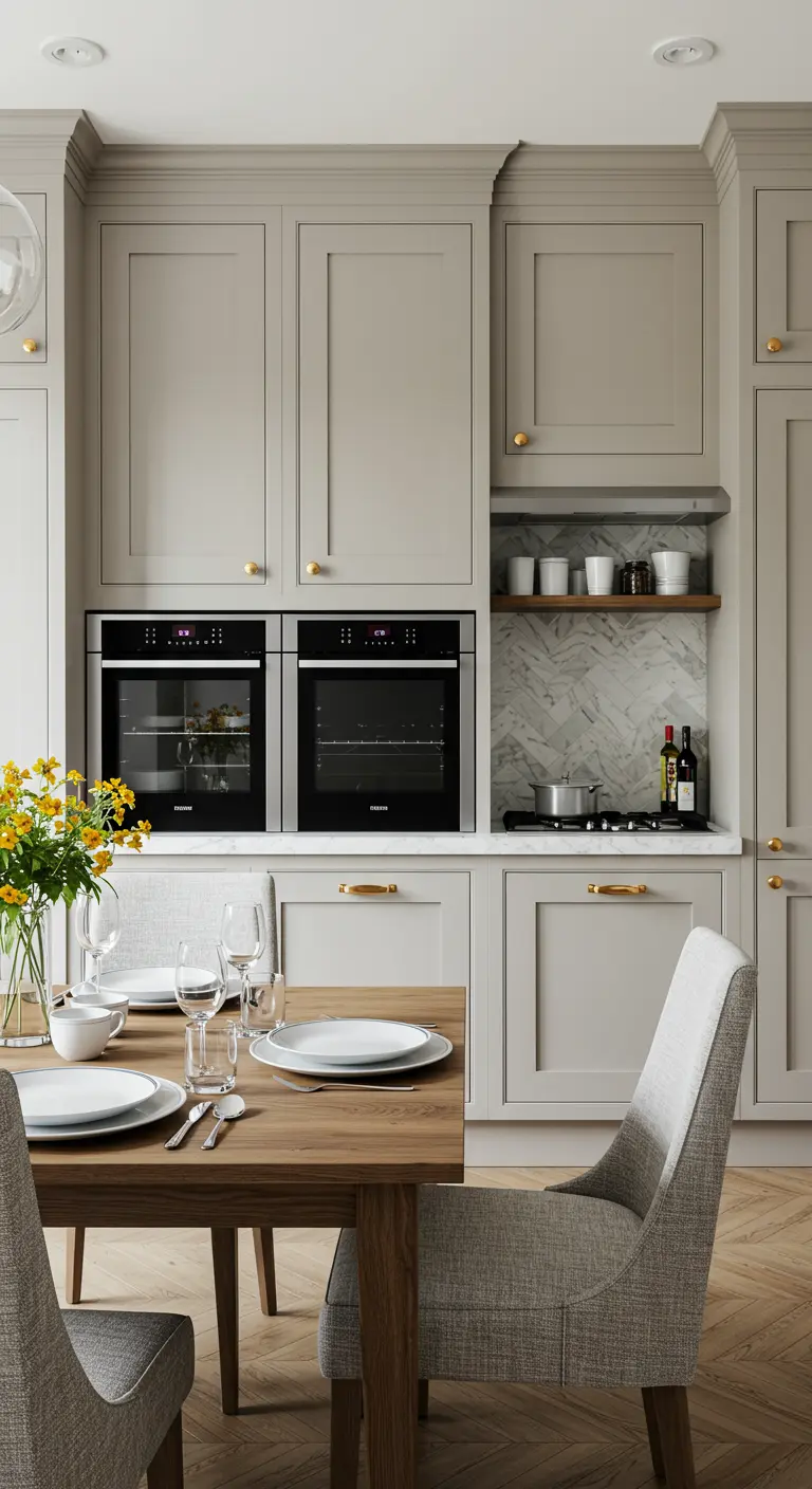 Modern klassieke keuken in greige tinten met wit servies en gouden accenten.
