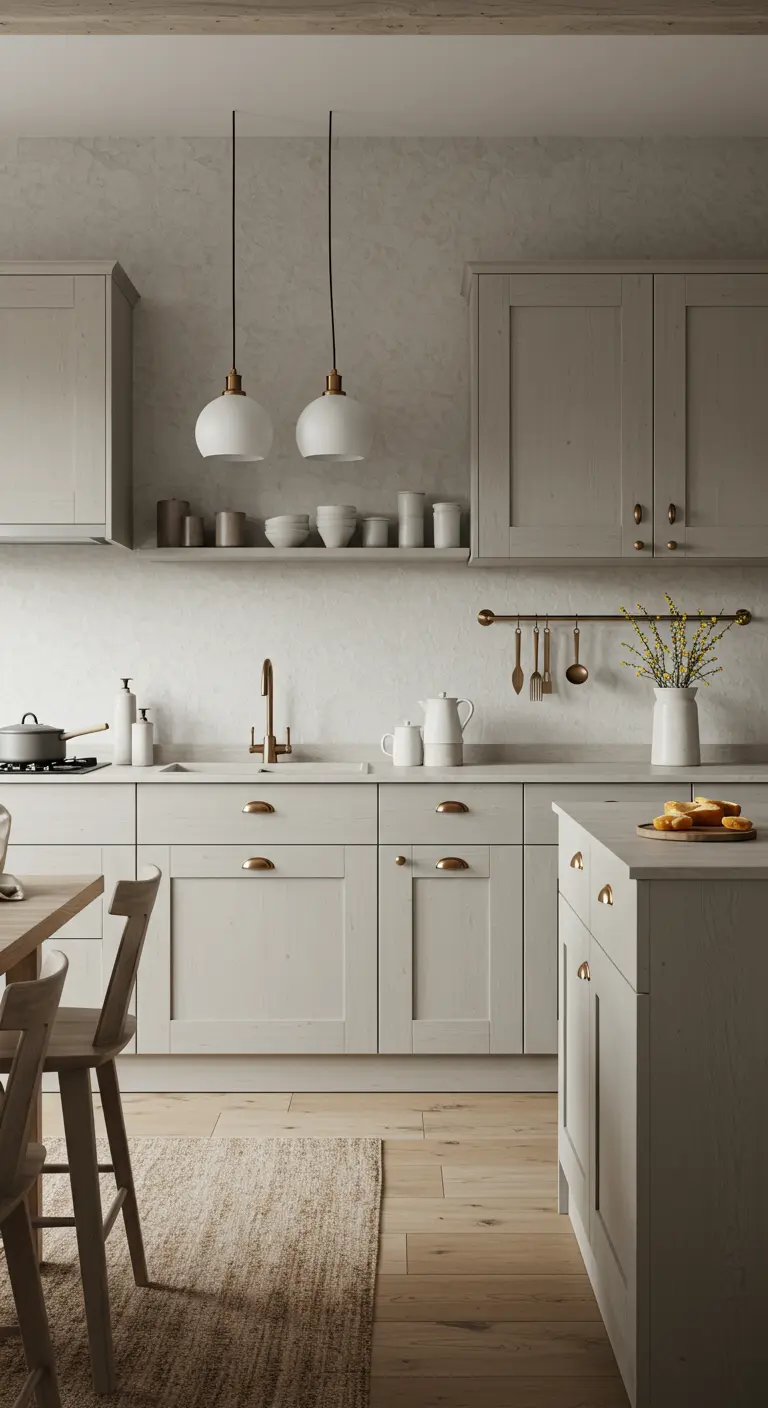 Zachte keuken met lichtgrijze/beige kasten en een getextureerde lichte muur.