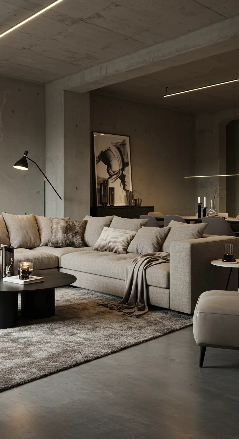 Moderne woonkamer met greige hoekbank, betonnen muur en zwarte accenten.