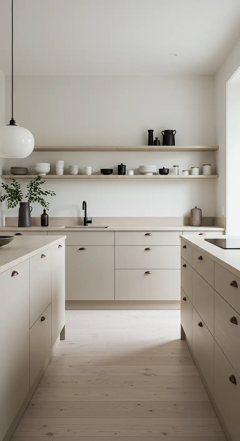 Minimalistische keuken met greige kasten, licht houten planken en zwarte accenten.