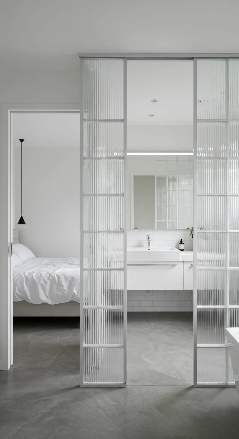 Badkamer met geribbelde glazen schuifdeuren naar slaapkamer.