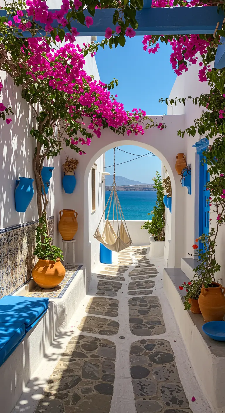 Eenvoudige stoffen hangstoel in een wit Grieks steegje met bougainvillea en uitzicht op zee.