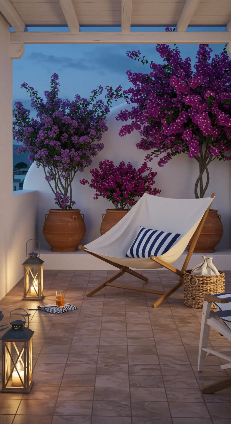 Wit balkon met terracotta potten met paarse bloemen en lantaarns, Griekse sfeer.