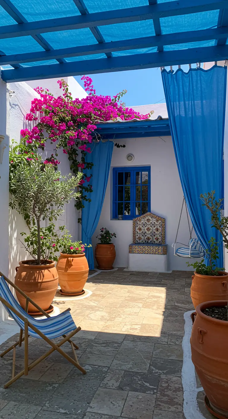 Mediterrane patio met felblauwe gordijnen, witte muren, bougainvillea en terracotta potten.