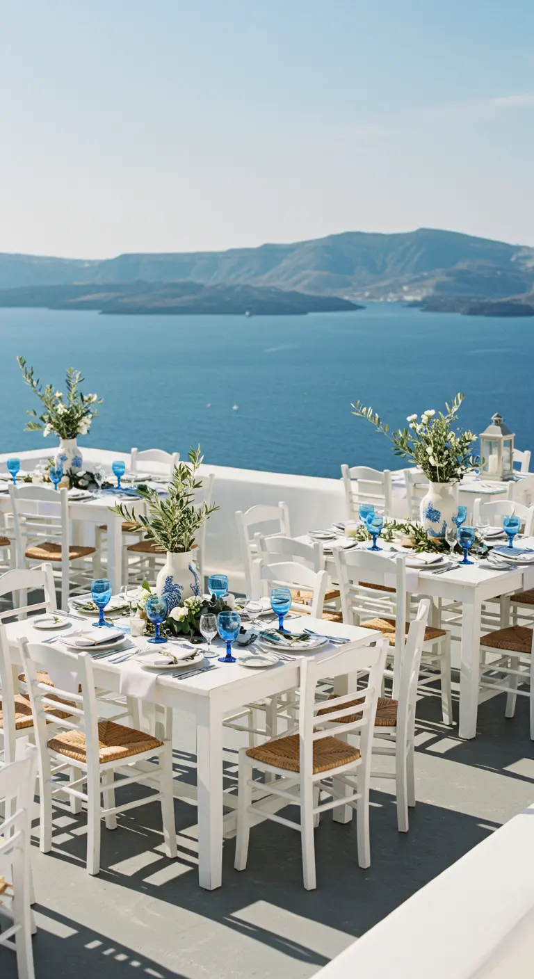 Witte tafels met blauwe accenten, olijftakken en uitzicht op zee, Griekse stijl.